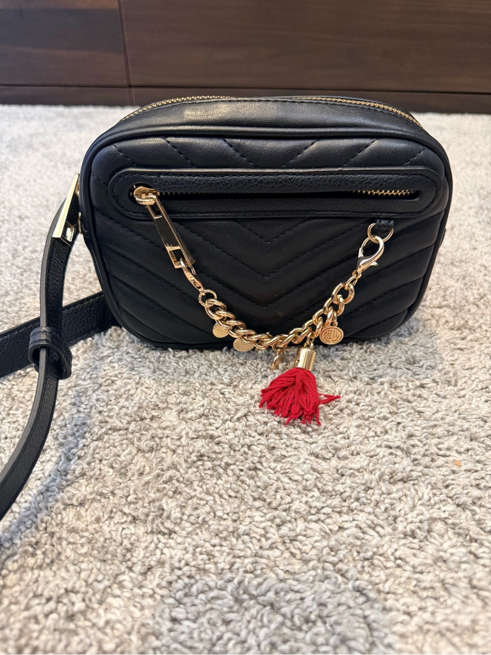 Aldo Black Quilted Belt/Crossbody Bag with Gold Chain and Red Tassel